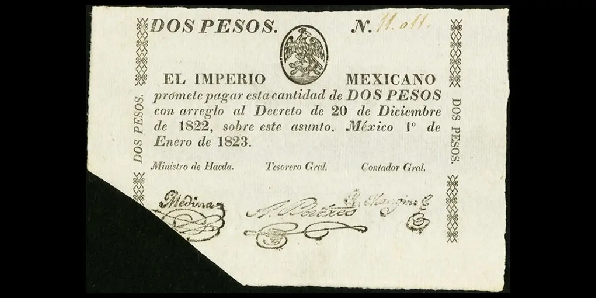 Billete de 2 pesos del Imperio Mexicano cancelado por corte completo anverso