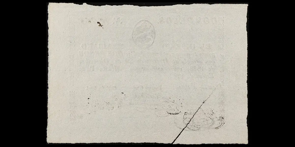 Billete de 2 pesos del Imperio Mexicano cancelado por corte reverso