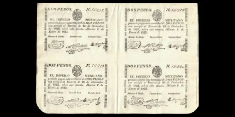 Hoja impresa completa del billete de 2 pesos del Imperio Mexicano anverso