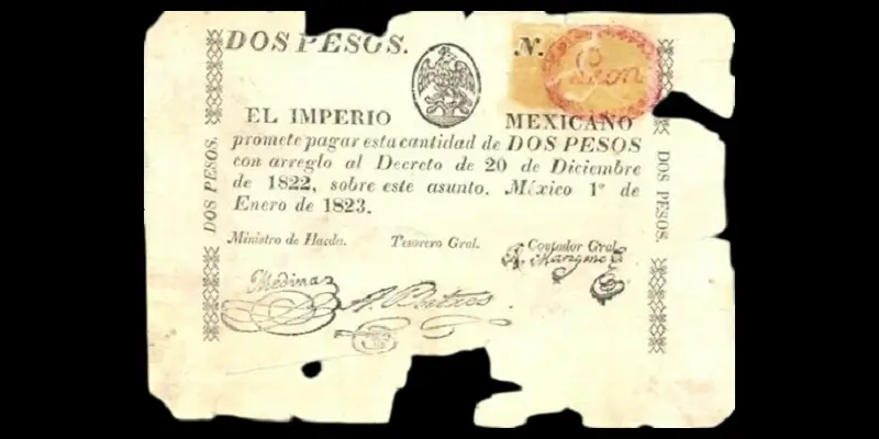 Billete de 2 pesos del Imperio Mexicano con sello Leon anverso