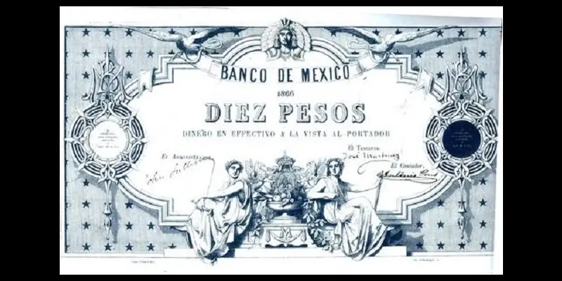 Billete de 10 pesos del Segundo Imperio Mexicano de Maximiliano con firmas anverso