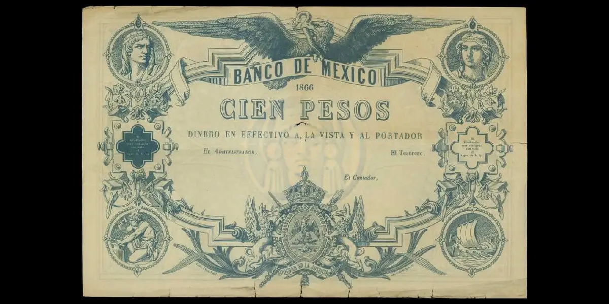 Billete de 100 pesos del Segundo Imperio Mexicano de Maximiliano anverso