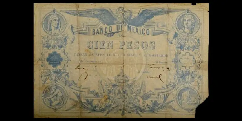 Billete de 100 pesos del Segundo Imperio Mexicano de Maximiliano con firmas anverso