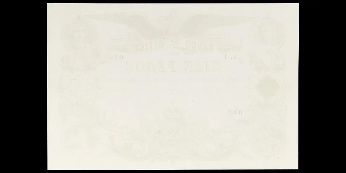 Billete de 100 pesos del Segundo Imperio Mexicano de Maximiliano de prueba unifacial en blanco y negro anverso liso