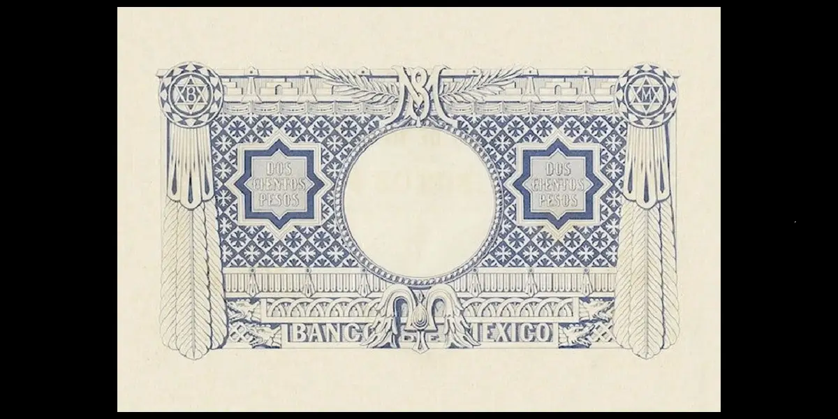 Billete de 200 pesos del Segundo Imperio Mexicano de Maximiliano de prueba reverso