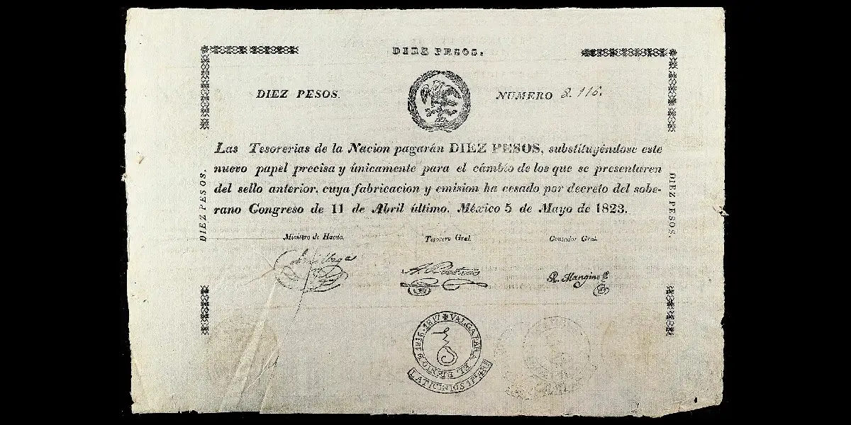 Billete de 10 pesos de Las Tesorerías de la Nación cancelado por corte anverso