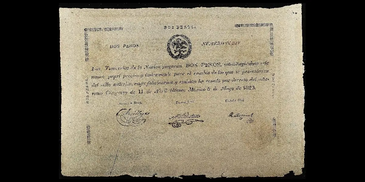 Billete de 2 pesos de Las Tesorerías de la Nación cancelado por corte anverso