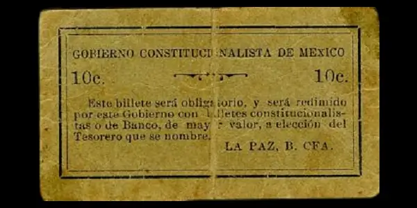 Billete de 10 centavos del Gobierno Constitucionalista de México en La Paz reverso