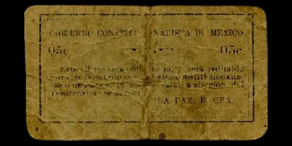 Billete de 5 centavos del Gobierno Constitucionalista de México en La Paz reverso