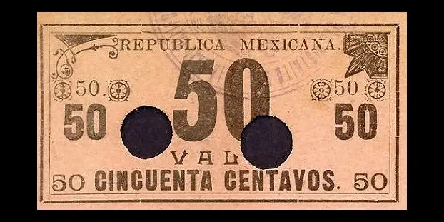 Billete de 50 centavos del Gobierno Constitucionalista de México en La Paz con sello anverso