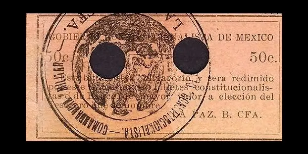 Billete de 50 centavos del Gobierno Constitucionalista de México en La Paz con sello reverso