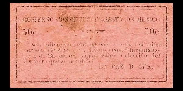 Billete de 50 centavos del Gobierno Constitucionalista de México en La Paz reverso
