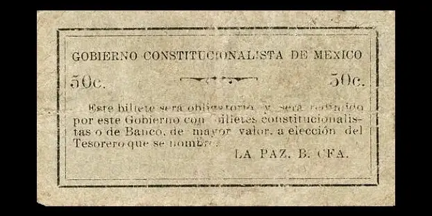 Billete de 50 centavos del Gobierno Constitucionalista de México en La Paz reverso