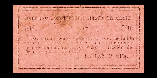Billete de 50 centavos del Gobierno Constitucionalista de México en La Paz color rojo reverso