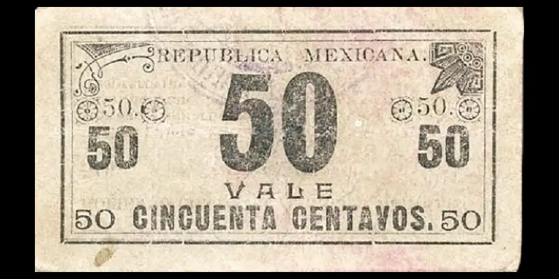 Billete de 50 centavos del Gobierno Constitucionalista de México en La Paz variante de diseño y color anverso