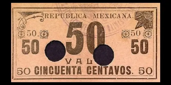 Billete de 50 centavos del Gobierno Constitucionalista de México en La Paz variante de diseño y color, perforado y con sello anverso
