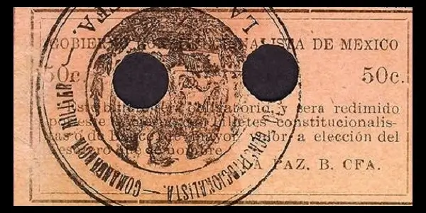 Billete de 50 centavos del Gobierno Constitucionalista de México en La Paz variante de diseño y color, perforado y con sello reverso