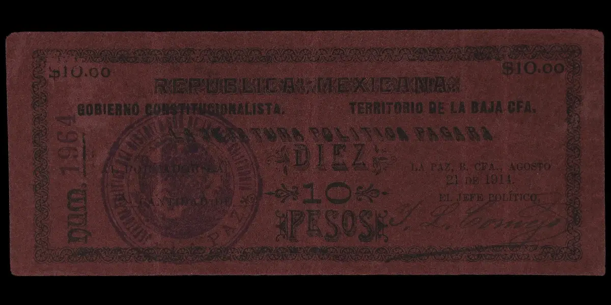 Billete de 10 pesos de La Jefatura Política de La Paz