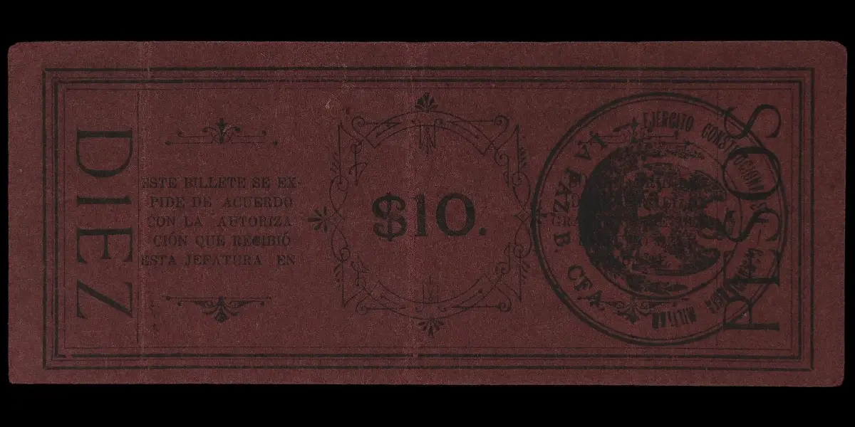 Billete de 10 pesos de La Jefatura Política de La Paz reverso