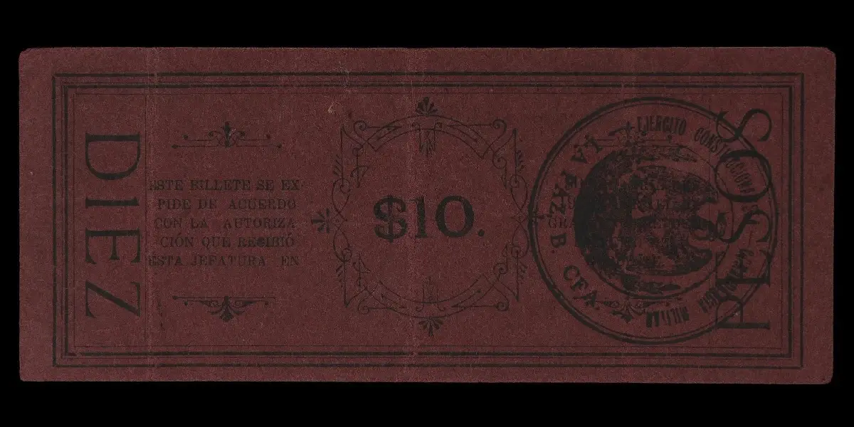 Billete de 10 pesos de La Jefatura Política de La Paz reverso