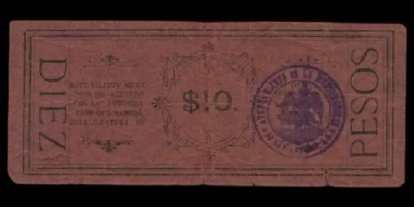 Billete de 10 pesos de La Jefatura Política de La Paz con sello de la municipalidad de San Antonio anverso