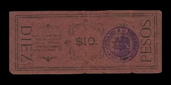 Billete de 10 pesos de La Jefatura Política de La Paz sello San Antonio anverso