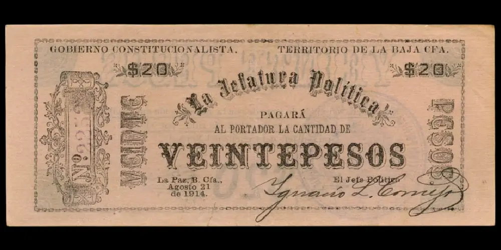 Billete de 20 pesos de La Jefatura Política de La Paz