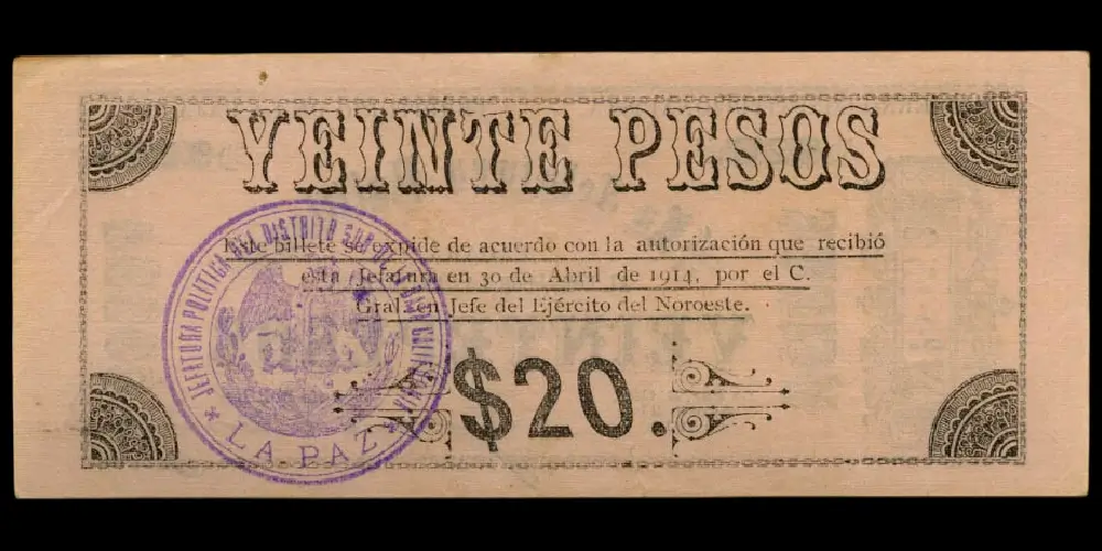 Billete de 20 pesos de La Jefatura Política de La Paz reverso