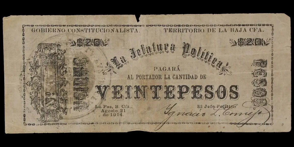Billete de 20 pesos de La Jefatura Política de La Paz con sello de la Comandancia Militar del Ejercito Constitucionalista anverso
