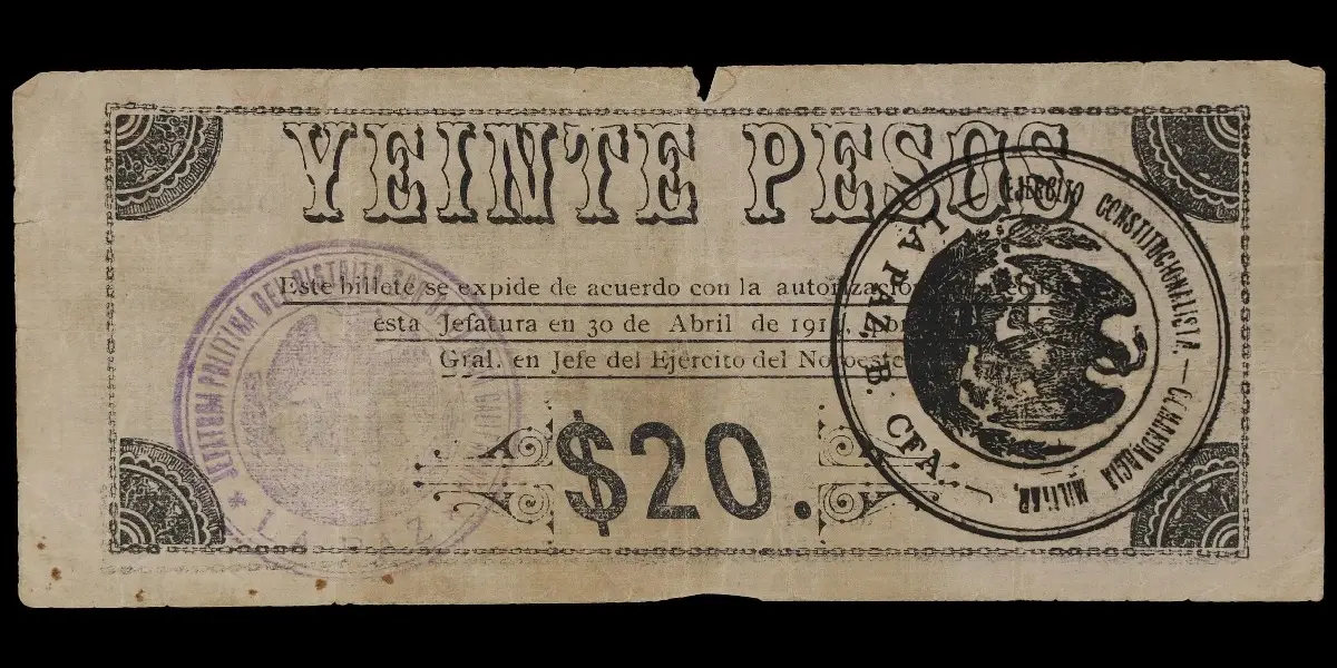 Billete de 20 pesos de La Jefatura Política de La Paz con sello de la Comandancia Militar del Ejercito Constitucionalista reverso