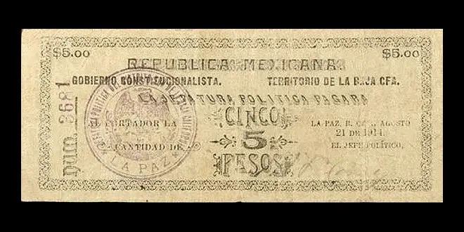 Billete de 5 pesos de La Jefatura Política de La Paz sello San Antonio anverso