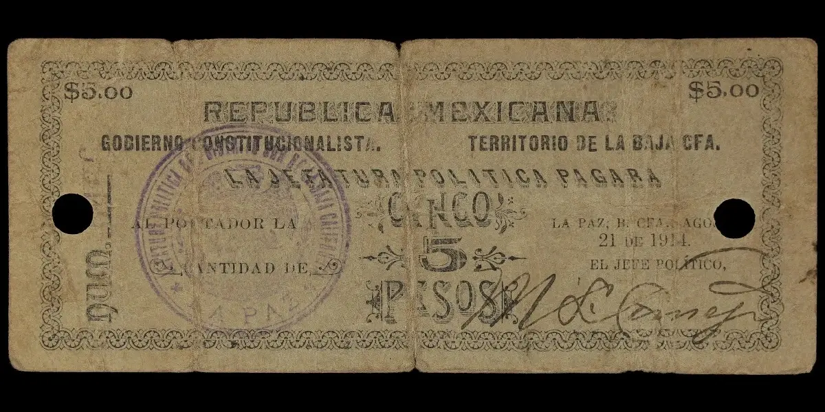 Billete de 5 pesos de La Jefatura Política de La Paz