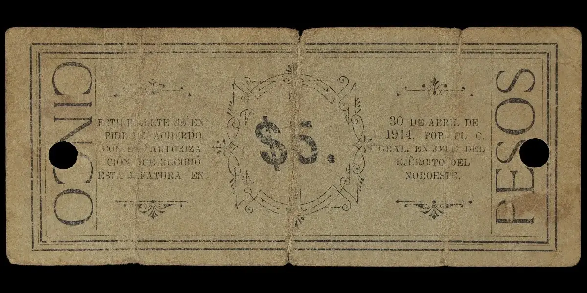 Billete de 5 pesos de La Jefatura Política de La Paz perforado reverso