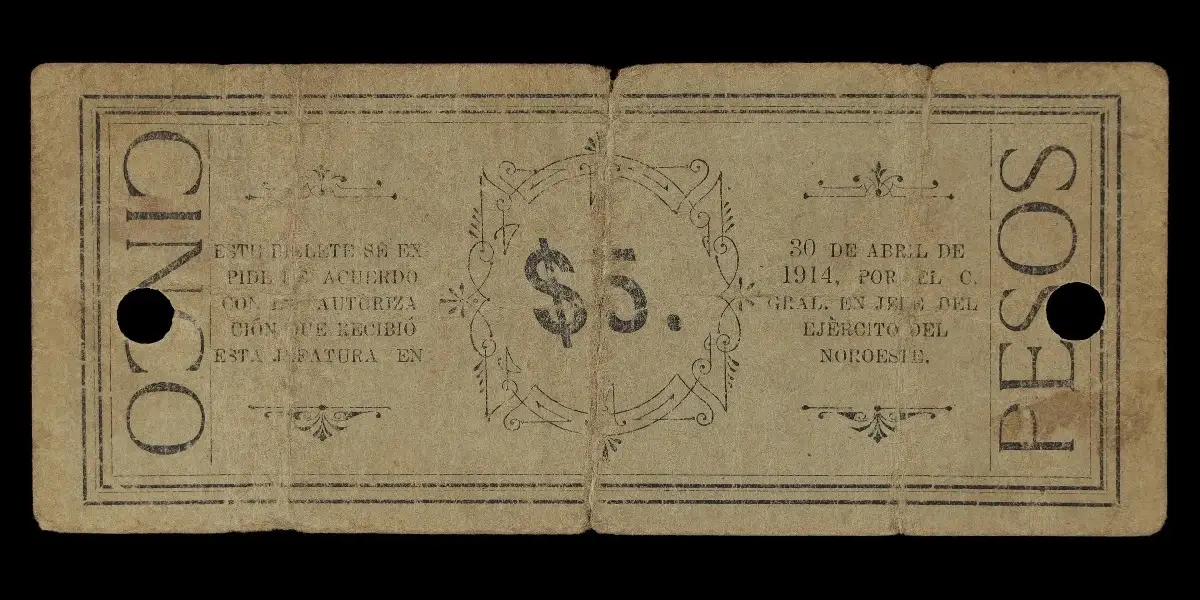Billete de 5 pesos de La Jefatura Política de La Paz perforado reverso