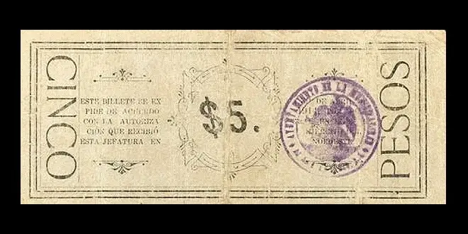 Billete de 5 pesos de La Jefatura Política de La Paz sello San Antonio reverso