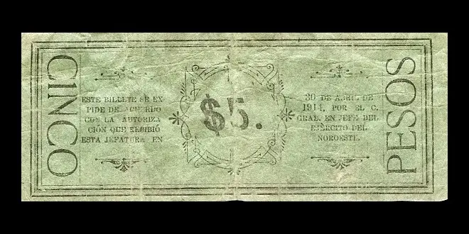 Billete de 5 pesos de La Jefatura Política de La Paz verede reverso
