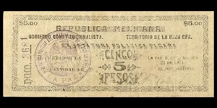 Billete de 5 pesos de La Jefatura Política de La Paz con sello de la municipalidad de San Antonio anverso