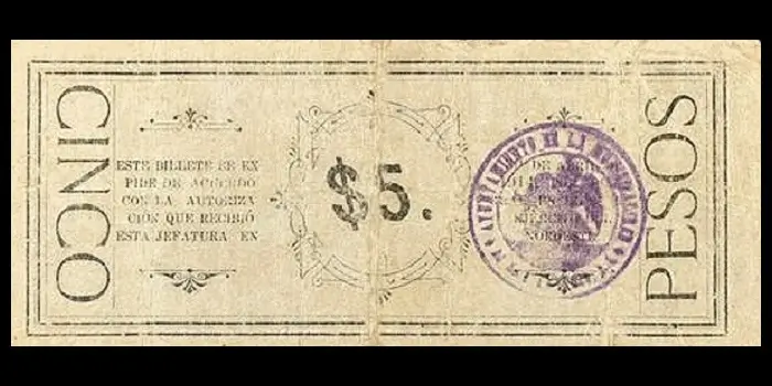 Billete de 5 pesos de La Jefatura Política de La Paz con sello de la municipalidad de San Antonio reverso