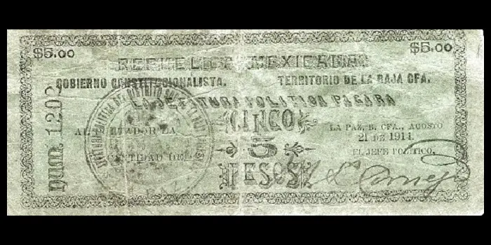 Billete de 5 pesos de La Jefatura Política de La Paz verde anverso