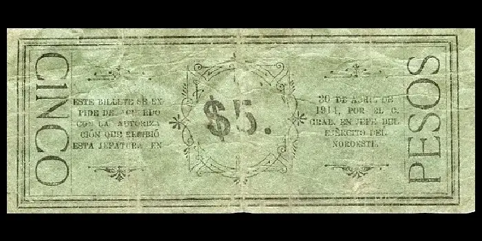 Billete de 5 pesos de La Jefatura Política de La Paz verde reverso