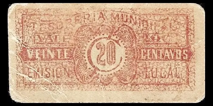 Billete de 20 centavos de la Tesorería Municipal de Aguascalientes reverso