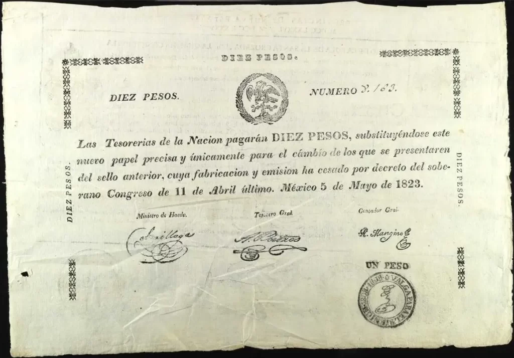 10 Pesos Tesorerías de la Nación 1823 Anverso