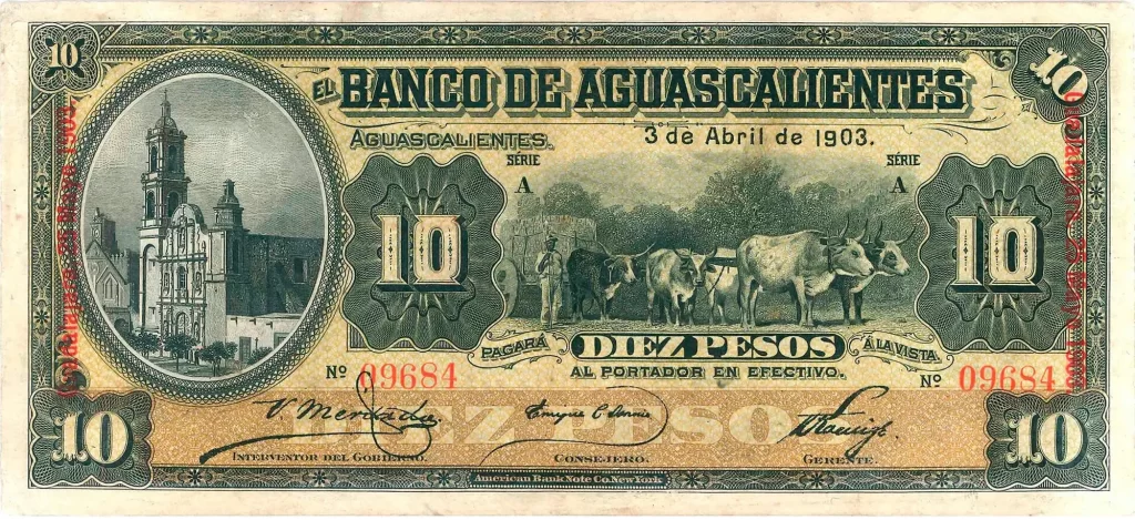 10 pesos banco aguascalientes serie a 1902-1905 anverso