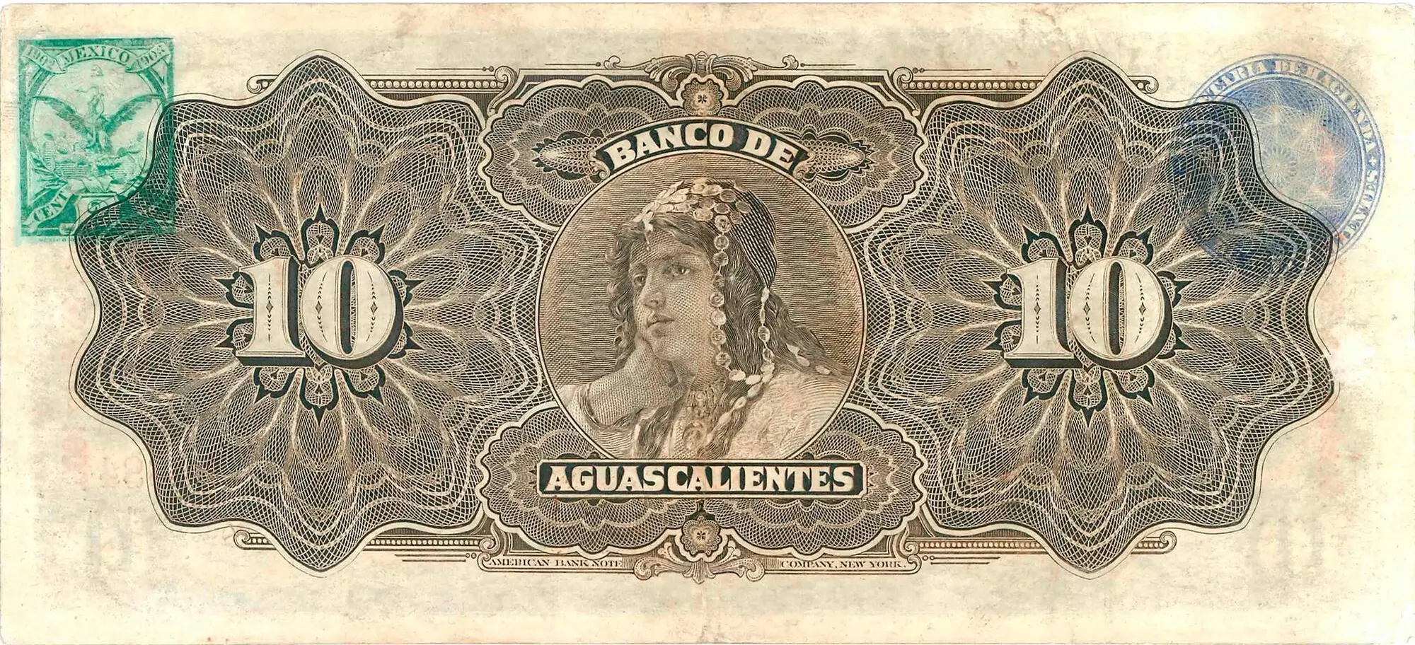 10 pesos banco aguascalientes serie a 1902-1905 reverso