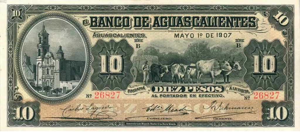 10 pesos banco aguascalientes serie b 1906-1907 anverso