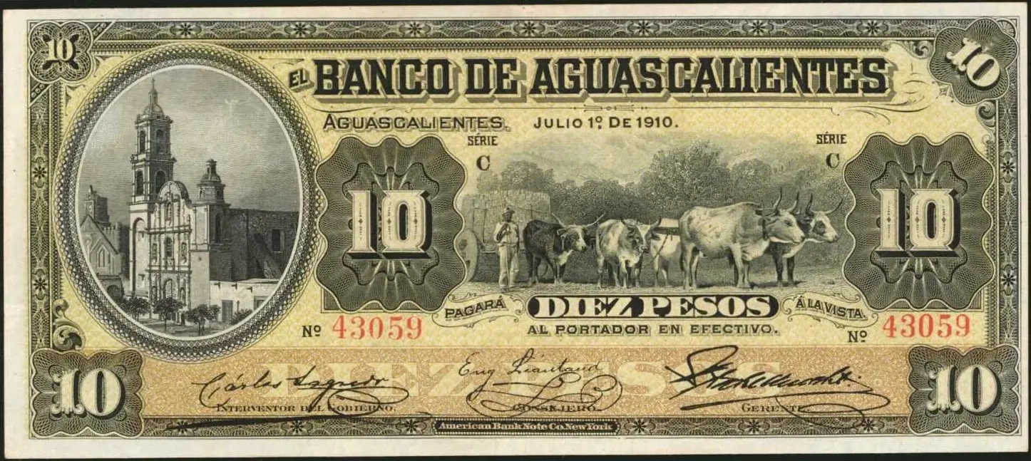 10 pesos banco aguascalientes serie c 1910 anverso