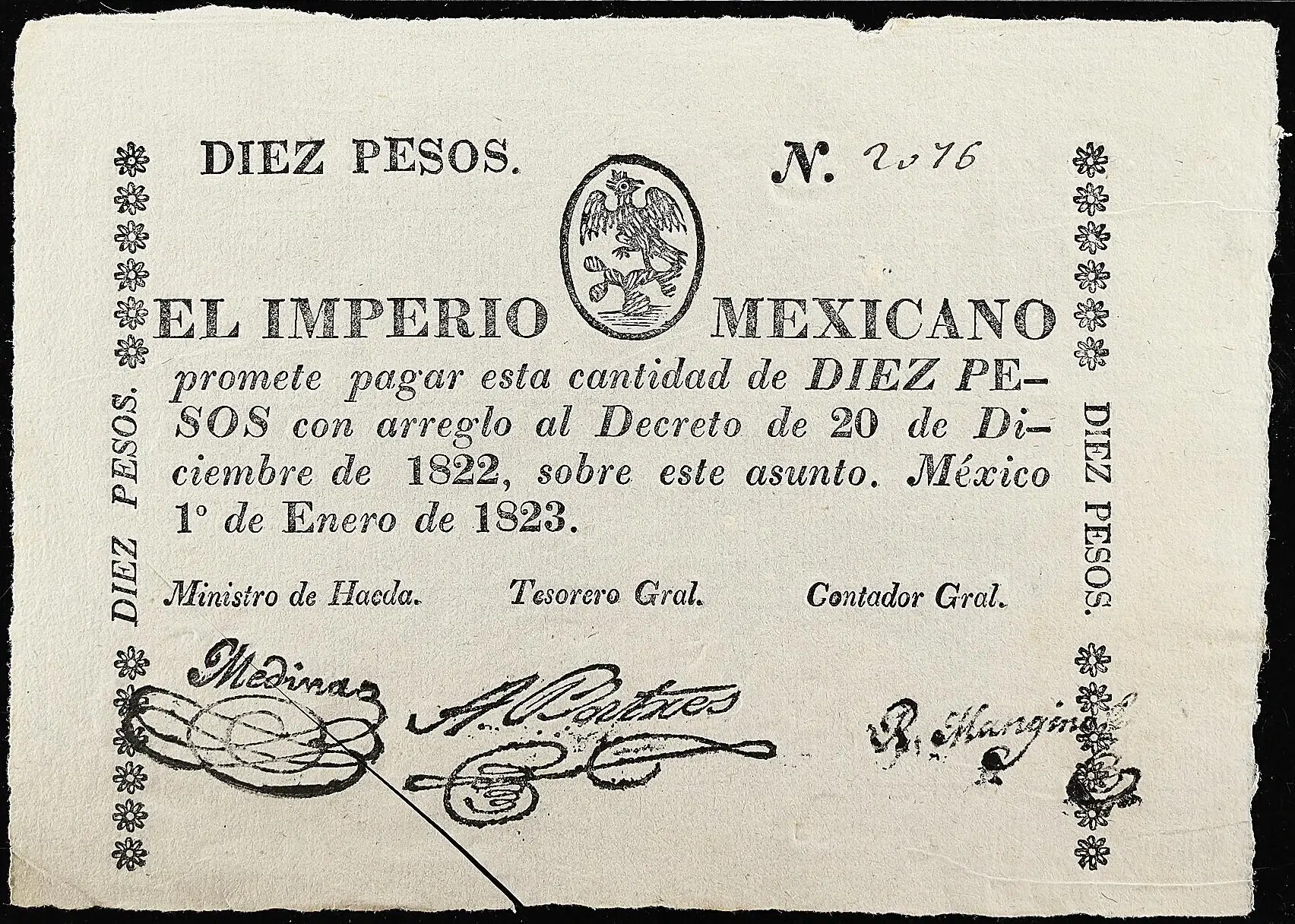 10 pesos imperio mexicano 1823 anverso