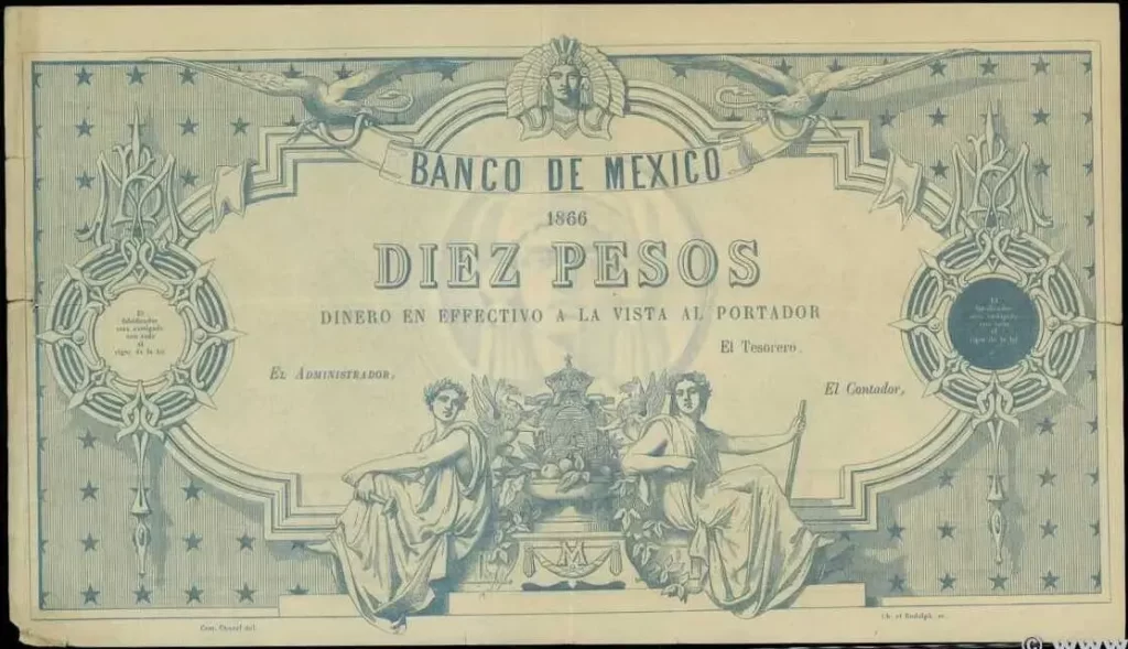 10 pesos Maximiliano 1866 anverso