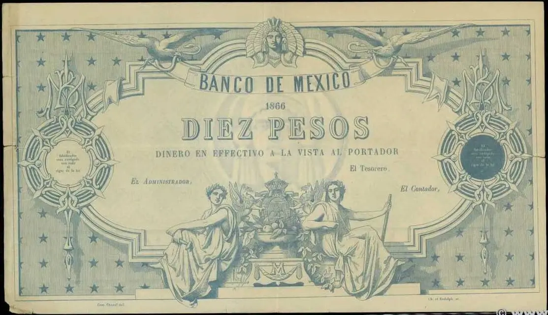 10 pesos Maximiliano 1866 anverso