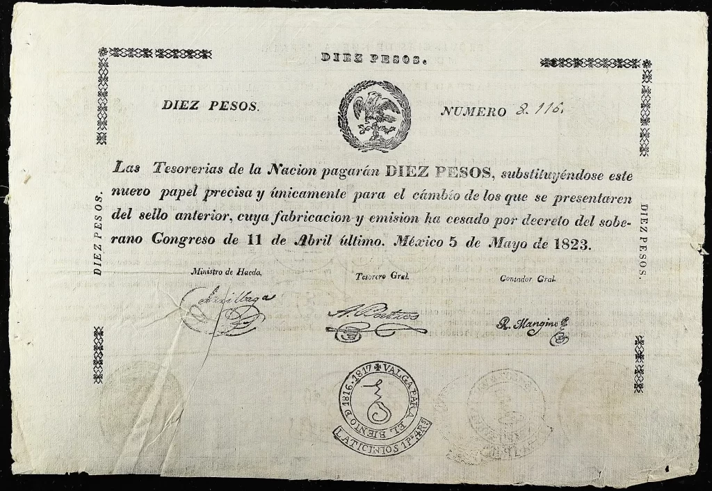 10 pesos tesorerias de la nacion 1823 anverso
